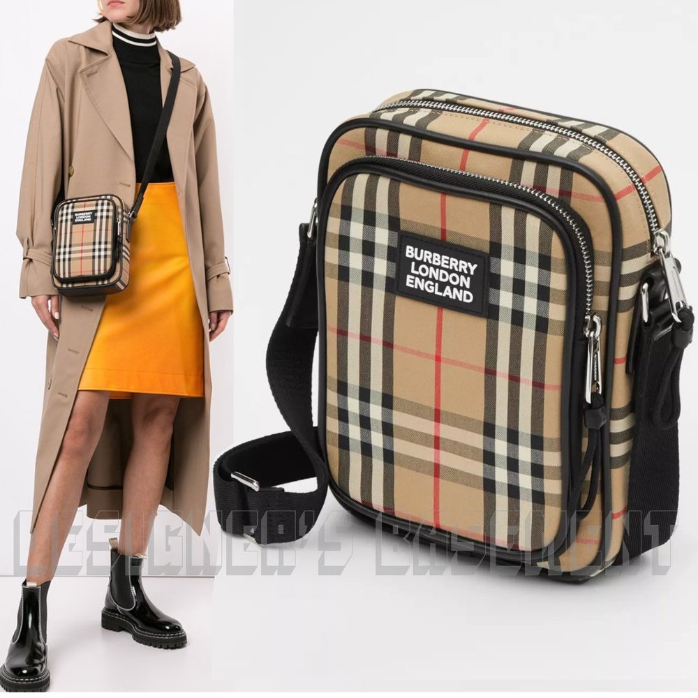 BURBERRY canvas Archive Vintage Check FREDDIE black trim crossbody shoulder bag